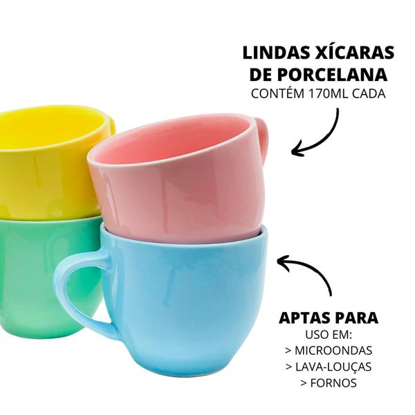 Imagem de Jogo 6 Xícara 170ml Colorida Porcelana Com Bandeja Em Mdf