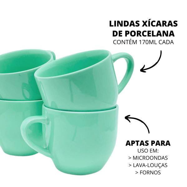 Imagem de Jogo 6 Xícara 170ml VERDE Porcelana Com Bandeja Em Mdf