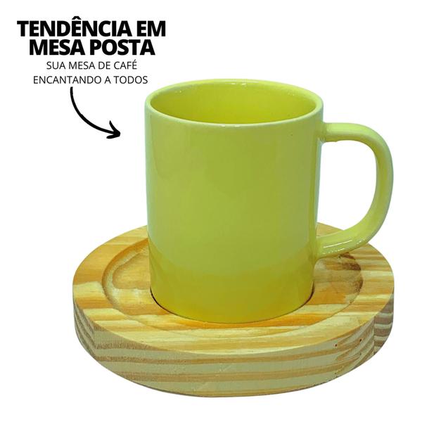 Imagem de Jogo 6 Xícara Caneca Café Porcelana 100ml E Pires Madeira