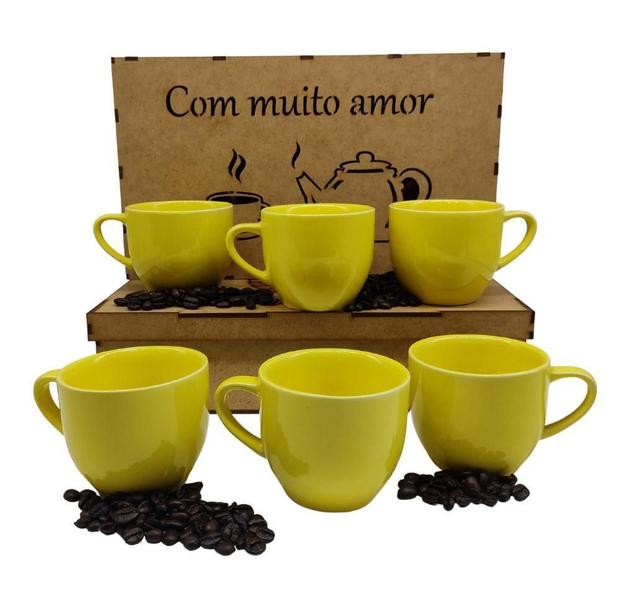 Imagem de Jogo 6 Xicaras 170Ml Porcelana P7 Café Chá Caixa Mdf Amarelo