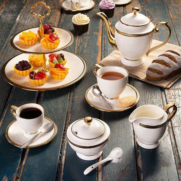 Jogo 6 xícaras 90ml para café de porcelana branca e dourado com pires Paddy Wolff -18055 Imagem de Jogo 6 xícaras 90ml para café de porcelana branca e dourado com pires Paddy Wolff -18055