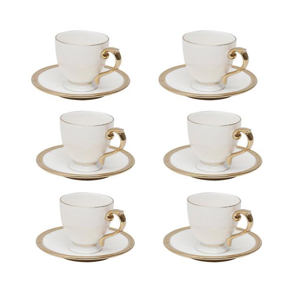 Jogo 6 xícaras 90ml para café de porcelana branca e dourado com pires Paddy Wolff -18055 Imagem de Jogo 6 xícaras 90ml para café de porcelana branca e dourado com pires Paddy Wolff -18055