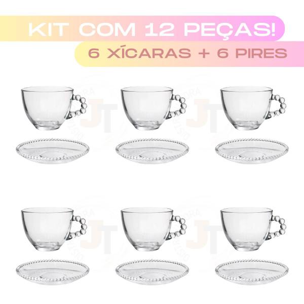 Imagem de Jogo 6 Xícaras Chá Pearl C/ Pires 180ml Cj Vidro Bolinha Cj Conjunto Estilo Wolff Café Mesa Posta Pçs Cristal Pérolas