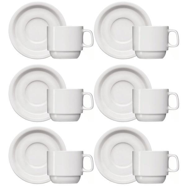 Imagem de Jogo 6 Xícaras de Café com Pires de Porcelana 65ml Classe Única Iguaçu Germer Branco