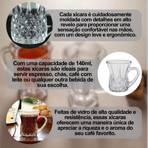 Imagem de Jogo 6 Xícaras de Chá Café Vidro Cristal 140ml Elegante Decoração