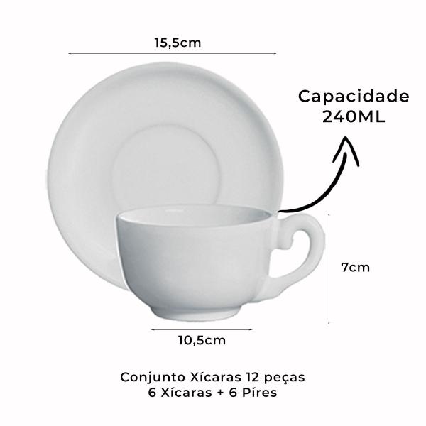 Imagem de Jogo 6 Xicaras Grandes Com Pires Cerâmica Para Chá Café 240ml