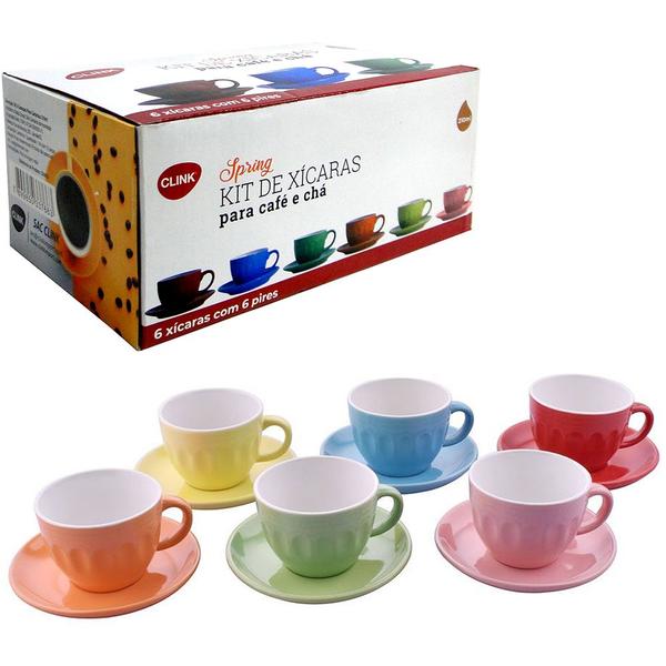 Imagem de Jogo 6 Xicaras Porcelana com Pires Chá Café Spring Colors - 210ml