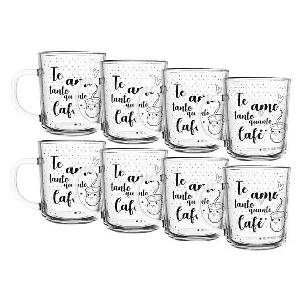 Imagem de Jogo 8 Caneca de Café Te Amo Vidro Transparente 220ml Xícara Lyor