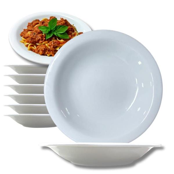 Imagem de Jogo 8 Prato Fundo Mesa Massas Risoto Sopa Caldo Para Restaurante Buffet Casa Self Service porcelana Branca Resistente com Borda Grossa 21,5cm