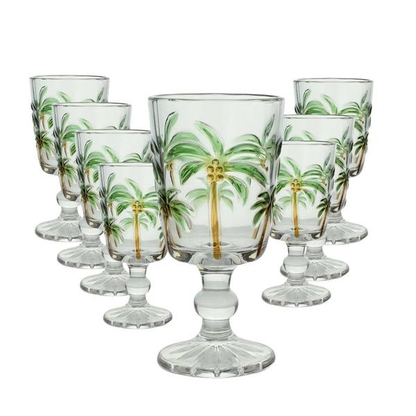 Imagem de Jogo 8 Taças de Vidro Tropical Palm Tree Coqueiro Água Transparente Lyor 275ml