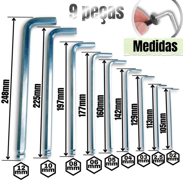 Imagem de Jogo 9 Chave Allen Extra Longa 2-12mm Abaulada L Hexagonal Ponta Bola Torque Profissional 248mm Cromo Vanádio Mecânico Halen alen