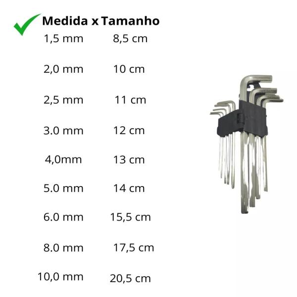 Imagem de Jogo 9 Chave Allen Longa 1,5mm A 10mm Hexagonal Profissional