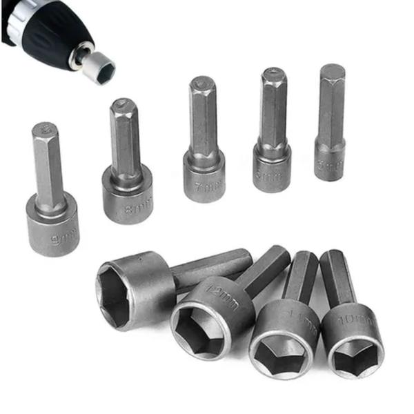 Imagem de Jogo 9 Soquete Pito Sextavado Parafusadeira Bits  5 A 13 mm Kit Chave Combinada Ferramentas