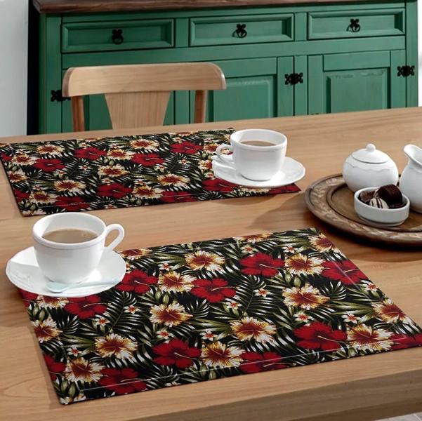 Imagem de Jogo Americano 4 Peças Em Jacquard Estampado Floral Vermelho e Preto