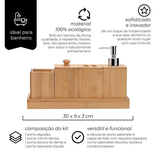 Imagem de Jogo Banheiro Luxo Bambu Eco Prime 5 Peças Porta Sabonete Líquido 125ml e Acessórios - Mimo Style