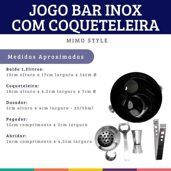 Imagem de Jogo Bar Inox Balde Coqueteleira Dosador Pegador e Abridor