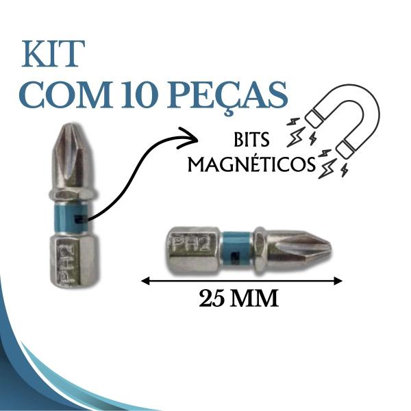 Imagem de Jogo Bits Parafusadeira Magnético Philips 25mm Gross 10 Pcs Aço S2 Ponta Philips Ponteira Com Imã Encaixe 1/4 1133056