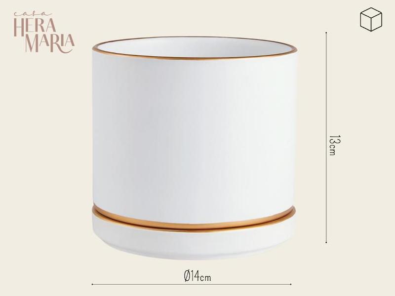 Imagem de Jogo Cachepot Decorativo Vaso Para Plantas Mudas Suculentas com Branco Acetinado em Cerâmica com Prato Detalhe Dourado