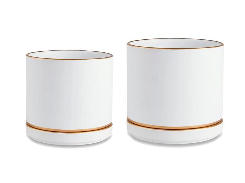 Imagem de Jogo Cachepot Decorativo Vaso Para Plantas Mudas Suculentas com Branco Acetinado em Cerâmica com Prato Detalhe Dourado