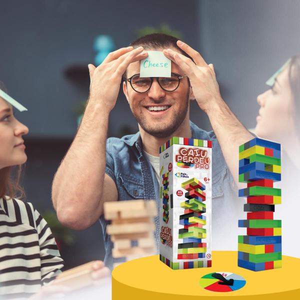 Imagem de Jogo Caiu Perdeu PRO 45 Peças Plástico Colorido C/ Roleta Torre PAIS E FILHOS Jenga Jogos de Tabuleiro Passatempo Infantil Brinquedos