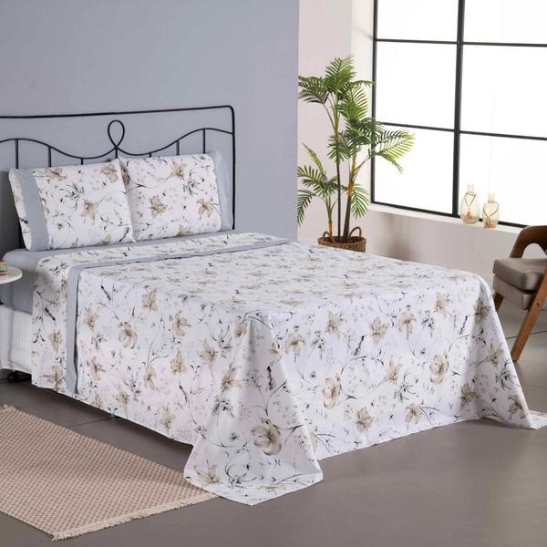 Imagem de Jogo Cama Lençol Encanto Casal Padrão Estampado Percal 180 Fios c/ Ponto Palito 4 Peças - Floral - Cinza