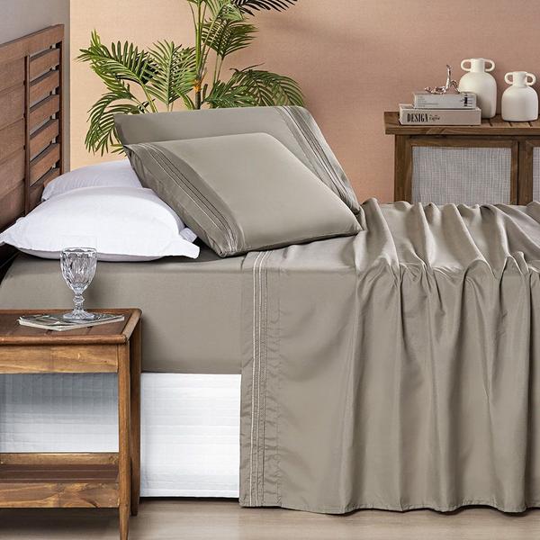 Imagem de Jogo Cama Lençol Honore Queen Micro Percal 200 Fios c/ Detalhes Bordados 4 Peças - Taupe Bege