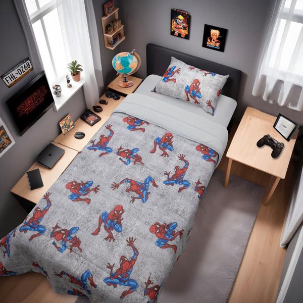 Imagem de Jogo Cama Menino Com Edredom Spider Homem Aranha Completo 3 Peças Algodão Solteiro