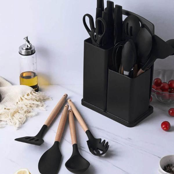 Imagem de Jogo Casa Nova Talheres Facas Utensílios Doméstico Úteis De Cozinha 19 Peças Madeira Silicone