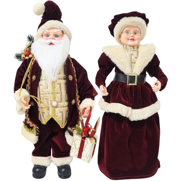 Imagem de Jogo Casal Papai e Mamãe Noel Decorativo 50cm Casaco Luxo Vinho Detalhes Dourado - Noel Decor