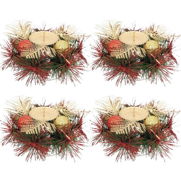 Imagem de Jogo Castiçal Natal Decorado Luxo Bolas e Folhagens Dourado e Vermelho 15cm 4 Unidades - Master Christmas