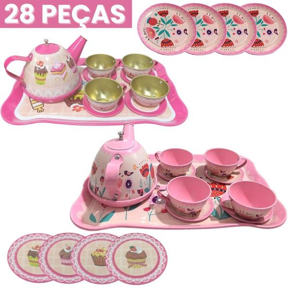 Imagem de Jogo  Chá Café Infantil 28 Pçs Metal Rosa Cozinha Brinquedo