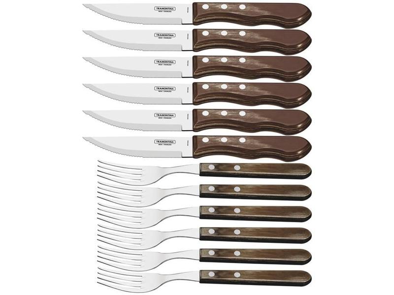Jogo churrasco 12 peças polywood castanho sortidos laminas de aco inox e cabos de madeira tramontina Imagem de Jogo churrasco 12 peças polywood castanho sortidos laminas de aco inox e cabos de madeira tramontina