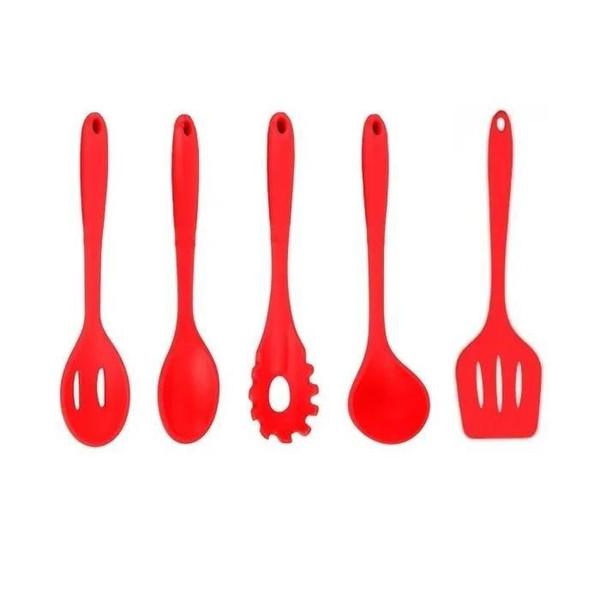 Imagem de Jogo Colheres Utensílios Silicone Maciço Vermelho 10 Peças