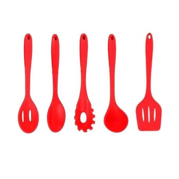 Imagem de Jogo Colheres Utensílios Silicone Maciço Vermelho 5 Peças