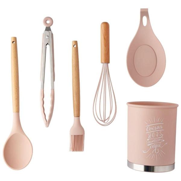 Imagem de Jogo Com 13 Pçs Utensílios De Cozinha Silicone Cabo Madeira