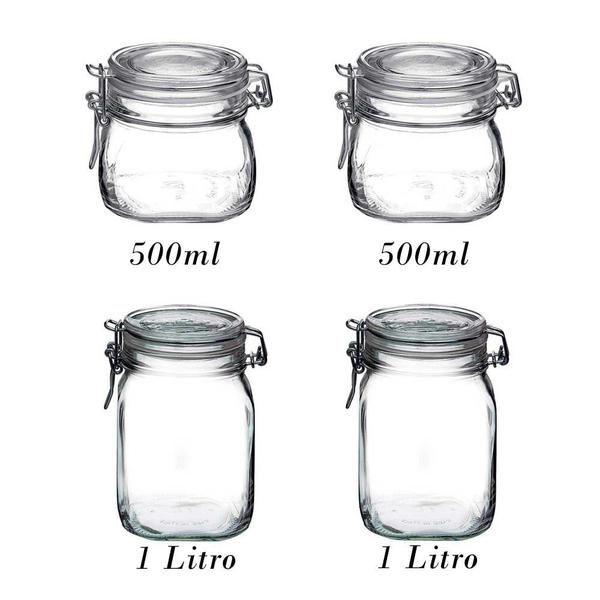 Imagem de Jogo com 4 Potes de vidro hermético com tampa Fido Rocco Bormioli - 2 500ml + 2 1000ml (1 Litro) para armazenamento