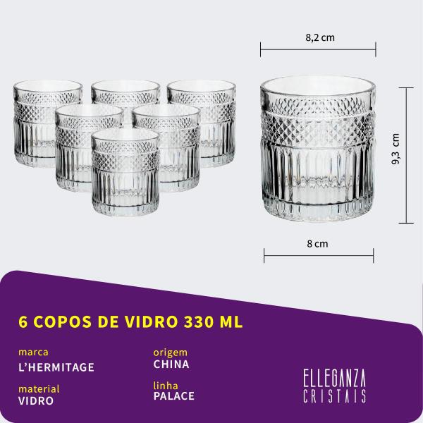 Imagem de Jogo com 6 Copos Baixos De Vidro Para Whisky 330 ml Palace L'Hermitage