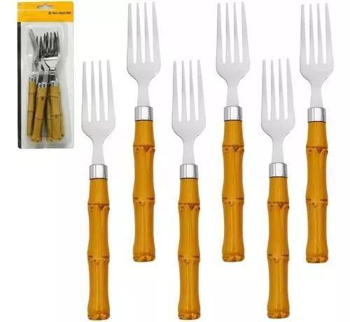 Imagem de Jogo com 6 Garfos de Mesa Aço Inox Cabo Plástico Bambu Natural 18,5cm