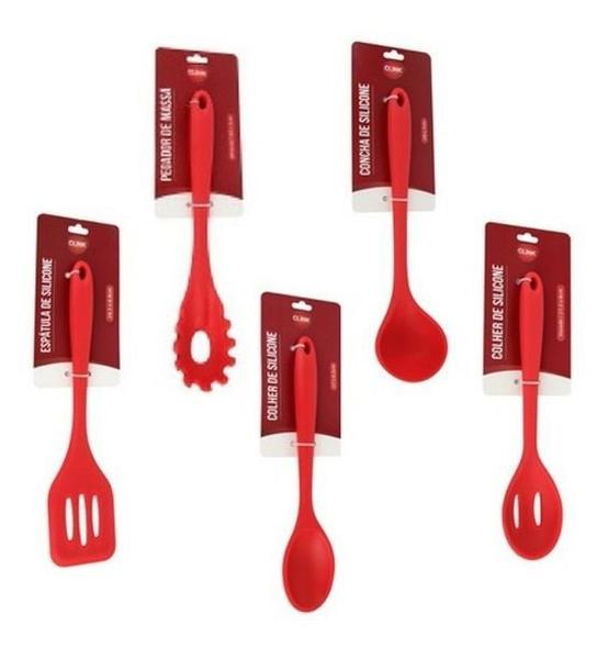 Imagem de Jogo Conjunto Colheres Utensílios Silicone Maciço Vermelho 6 Peças