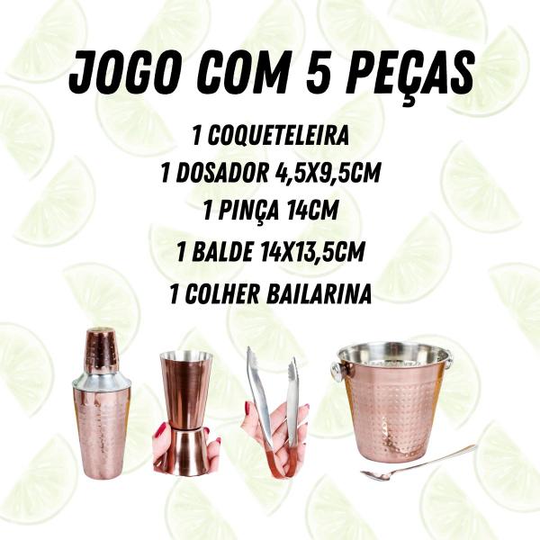 Imagem de Jogo/conjunto Coqueteleira Cobre Aço Inox Martelado 5 Peças