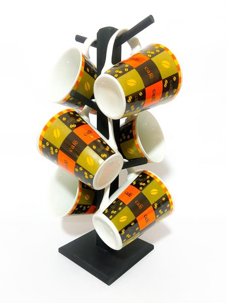 Imagem de Jogo conjunto Xícaras 240 Ml Café Chá 6 caneca quadriculada laranja Porcelana 1 suporte de madeira