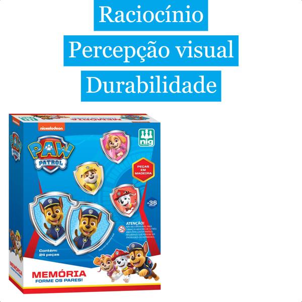 Imagem de Jogo da Memória Patrulha Canina Madeira Infantil 24 Peças Percepção Visual Memória +3 anos Nig Brinquedos - 0683