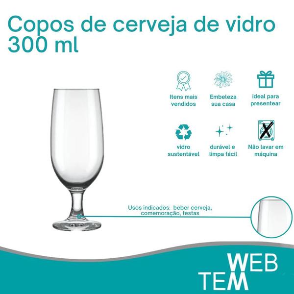 Imagem de Jogo de 10 Copos de Cerveja de Vidro 300ml Taça de Bebidas Resistente Para Celebrações e Festas, Mesa Posta Elegante Sustentável, Bares e Restaurantes