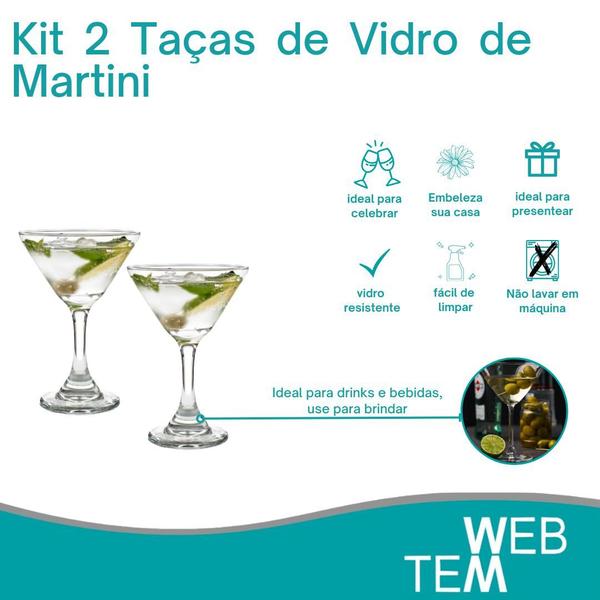 Imagem de Jogo de 2 Taças de Martini de Vidro 274ml para Drinks ou Sobremesas Resistentes Para Festas, Mesa Posta Elegante e Sustentável, Bares e Restaurantes