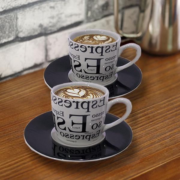 Imagem de Jogo de 6 Xícaras 6 Pires Café Cafézinho Porcelana Decorar Preto Estampado 90ML