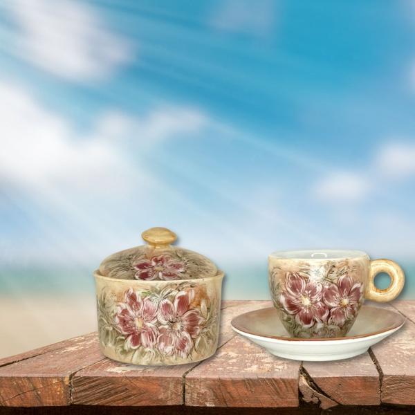 Imagem de Jogo de 6 Xícaras de Café Cônica Coquinho 70 ml e Açucareiro de Porcelana Pintado à Mão AZALEIA SILVESTRE ROSA/ROSA