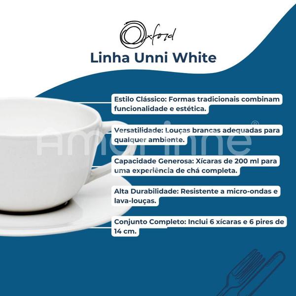 Jogo De 6 Xícaras De Chá Café Com Pires 200ml Unni White Oxford Imagem de Jogo De 6 Xícaras De Chá Café Com Pires 200ml Unni White Oxford