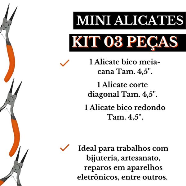 Imagem de Jogo De Alicates Mini 3 pcs Artesanato Bijuteria Eletrônicos Profissional - Corte Diagonal, Bico Redondo e Meia Cana