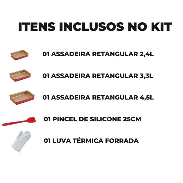 Imagem de Jogo de Assadeiras Forma Alta Retangular 03 Peças Antiaderentes + Luva Térmica + Pincel de Silicone Vermelho