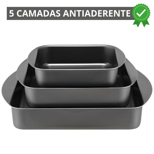 Imagem de Jogo de Assadeiras Forma Quadrada 03 Peças Antiaderentes + Luva Térmica + Pincel de Silicone Vermelho